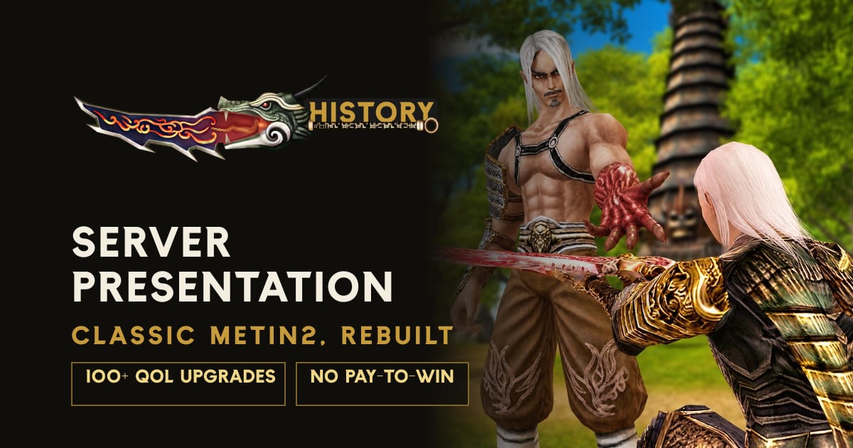 Exemplu de prezentare History, inspirat de Metin2; ilustrație, nu filmare verticală reală.